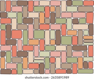 Een naadloos bakstenen muurpatroon met onregelmatige, organische vormen in aardse tinten. Het is perfect voor webdesign, verpakking, textiel, behang, digitale kunst en moderne en minimalistische esthetiek.