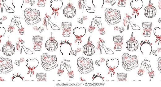 Patrón nupcial sin fisuras con bola de discoteca, corazón, champán. Perfecto para despedida de soltera, boda y diseño de fiesta de San Valentín, envoltura, papelería y fondos festivos.