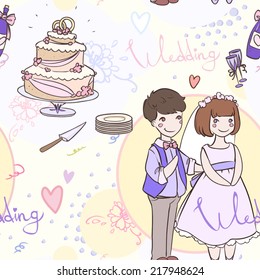 Seamless bridal pattern with the newlyweds and wedding cake