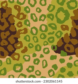 Seamless Bright Abstract Modern Panther Template Pattern. Green Seamless Tropical Organic Skin, Seamless Textile Wallpaper. Continuous Brown Leopard Artwork Texture.