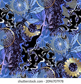 Seamless bright abstract pattern. Blue and gold color. Suitable for fabric, wrapping paper and the like