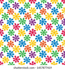 Seamless bright abstract pattern with colorful flowers. Ornament for printing on paper, fabrics, wallpaper, packaging, greeting cards. Decorative texture for background design. Vector illustration