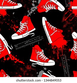 Seamless bright abstract pattern with red sneakers, grunge ellement on white background . Prints for T-shirts, textiles, clothes, sports, and more