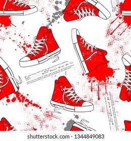Seamless bright abstract pattern with red sneakers, grunge ellement on white background . Prints for T-shirts, textiles, clothes, sports, and more