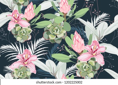 Seamless bright artistic tropical pattern with palm leaves, ficus, monstera, pink orchid and protea flower. Modern colorful tropics background or print. Dark background.