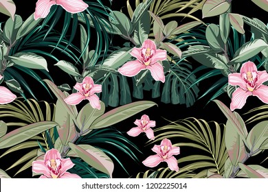 Seamless bright artistic tropical pattern with palm leaves, ficus, monstera, pink orchid flower. Modern colorful tropics background or print. Black background.