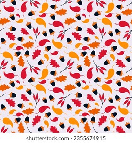 Seamless bright autumn leaves vector pattern. Surface design with small plants: leaves, acorns, berries.