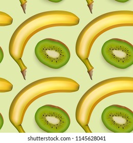Seamless bright background with banana and kiwi, background with realistic fruits, colorful illustration