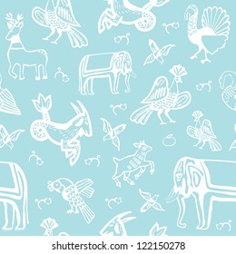 Seamless bright background with different creatures from an ancient Russian folk