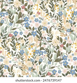 Seamless bright background with floral elements. Twigs, leaves and flowers. Vector botanical pattern.