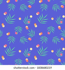 Seamless bright background with fruits and exotic leaves. Vector template for label, fabric, cover, packaging, wallpaper. Endless blue background with gradient elements.