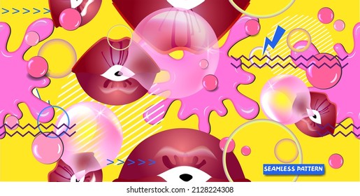 Seamless bright background with lips, gum, bubbles. and graphic elements. 80's 90's style 