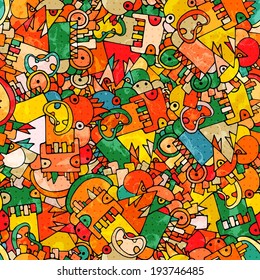 Seamless bright background with monsters, vector illustration
