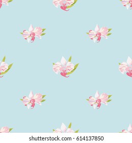 Seamless bright background with orchids. Beautiful floral pattern for print on textile, fabric, Wallpaper, wrapping, scrapbooking, decoupage. Vector illustration with exotic flowers. Tropical ornament