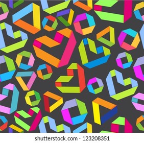 Seamless bright background with paper heart and geometrical figures in origami style for Valentine's design, vector