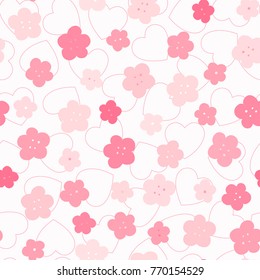 seamless bright background with pink flowers and hearts