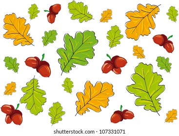 Seamless bright and beautiful background of oak leaves and acorn