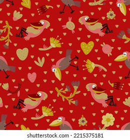 Seamless bright bird pattern. Red floral crow background. Heart and flowers autumn surface design. For kids textile. Wrapping and gift paper.