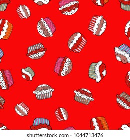 Seamless bright birthday pattern on red, white and black. Cake, cap, cone. Wrapping paper. Vector illustration.