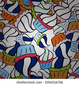 Seamless bright birthday pattern on white, black, blue, orange and neutral. Vector illustration. Cake, cap, cone. Wrapping paper.