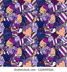 Seamless bright birthday pattern on white, black and purple. Cake, cap, cone. Vector illustration. Wrapping paper.