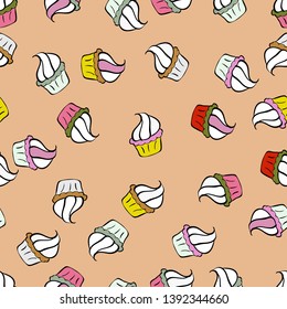 Seamless bright birthday pattern on white, black and beige. Cake, cap, cone. Wrapping paper. Vector illustration.