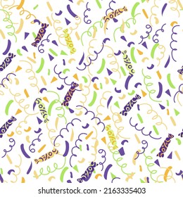 Nahtlose helle Geburtstagsmuster. Barde, Bänder und Süßigkeiten. Doodle-Stil. Vektorgrafik
