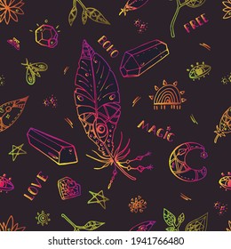 Seamless Bright Boho Style vector Pattern on Dark Background. Leaves, crystals, feathers, arrow, and different objects. Cartoon style. For Textile or Print design.