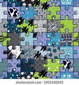 Seamless bright boys print with puzzles. For textiles, prints, wrapping paper and more
