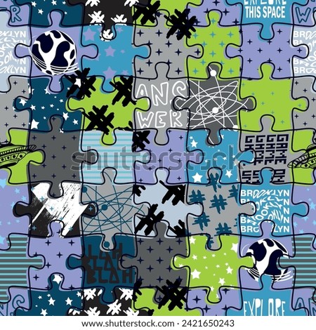 Seamless bright boys print with puzzles. For textiles, prints, wrapping paper and more
