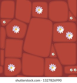 Seamless bright brown patchwork pattern with delicate yarrow and chamomile flowers. Print for fabric, wallpaper.