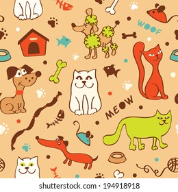Seamless bright cartoon pattern with cats and dogs on beige background in vector 