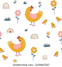 Seamless bright cartoon pattern with chicken, chickens and flowers on a white background