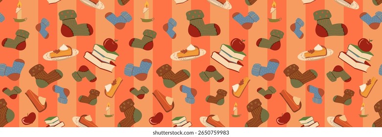 Seamless bright cartoon pattern of cozy autumn elements: socks, pumpkin pie, apples, books, and candles on a striped orange background. Ideal for fall textiles and seasonal home decor.