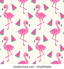 Seamless bright cartoon pattern with flamingos. Vector pink flamingos and watermelons
