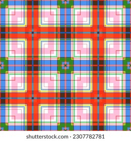 Seamless bright checkered texture. Plaid pattern of red, blue other colored squares and crosses. Beautiful geometric print. Ideal for any your bold design or advertising project.