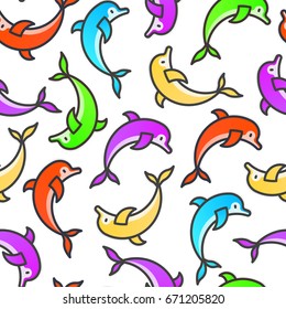 Seamless bright childish pattern with jumping dolphins. Thin line vector illustration for background.