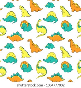 seamless bright bright childlike pattern with dinosaurs yellow orange blue on a white background. Hand-Drawn Vector Hand