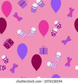 Seamless bright children's pattern with balloons and gifts. For decorating textiles, packaging. Vector illustration.