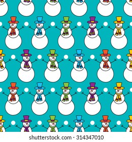 Seamless bright Christmas background with funny snowman
