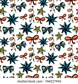 Seamless bright Christmas pattern with stars and bows in hand drawn style. New Year's wrapping paper, background and texture, scrapbook