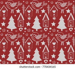 Seamless bright Christmas pattern in the style of handmade. New Year's decorations and attributes. New Year's wrapping paper, background and texture.