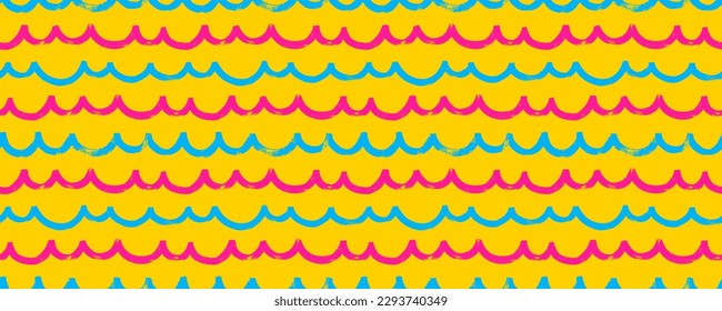 Patrón de onda de negrita de color brillante sin brillo. Diseño de pancartas dibujadas a mano con textura de mar, ríos o agua. Líneas de negrita curvadas horizontales dibujadas a mano. Grunar olas de color rugosas sobre fondo amarillo.