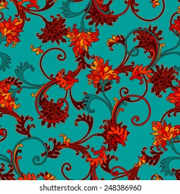 Seamless bright color floral pattern with baroque ornamental elements. Can be used for cards, invitations, fabrics, wallpapers, scrap-booking, ornamental template for design and decoration, etc