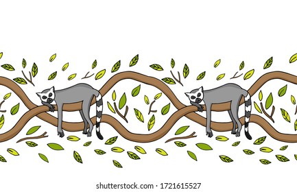 Seamless bright color horizontal border frame with happy sleeping funny lemur on tree in jungle forest. Animal character isolated on white  background. Hand drawn vector  illustration.