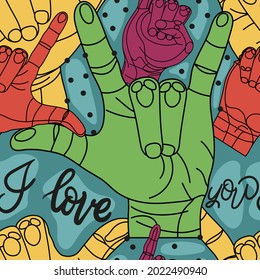 Seamless bright color pattern from American sign language with lettering I love you with the concept of diversity. Trending print for fabric, paper, wallpaper for smartphones.