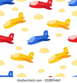 Seamless bright color pattern with cute cartoon airplane and cloud. Baby pattern