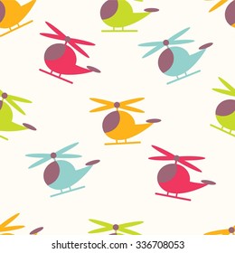 Seamless bright color pattern with cute cartoon helicopter. Baby pattern
