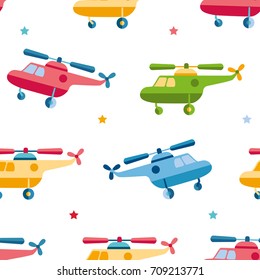Seamless bright color pattern with cute cartoon helicopter and stars. Baby pattern