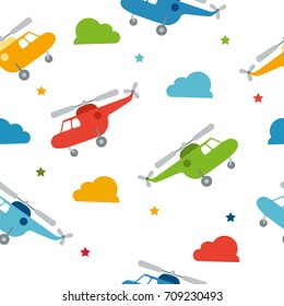 Seamless bright color pattern with cute cartoon helicopter. Baby pattern. Retro kids seamless pattern with helicopters and stars. 